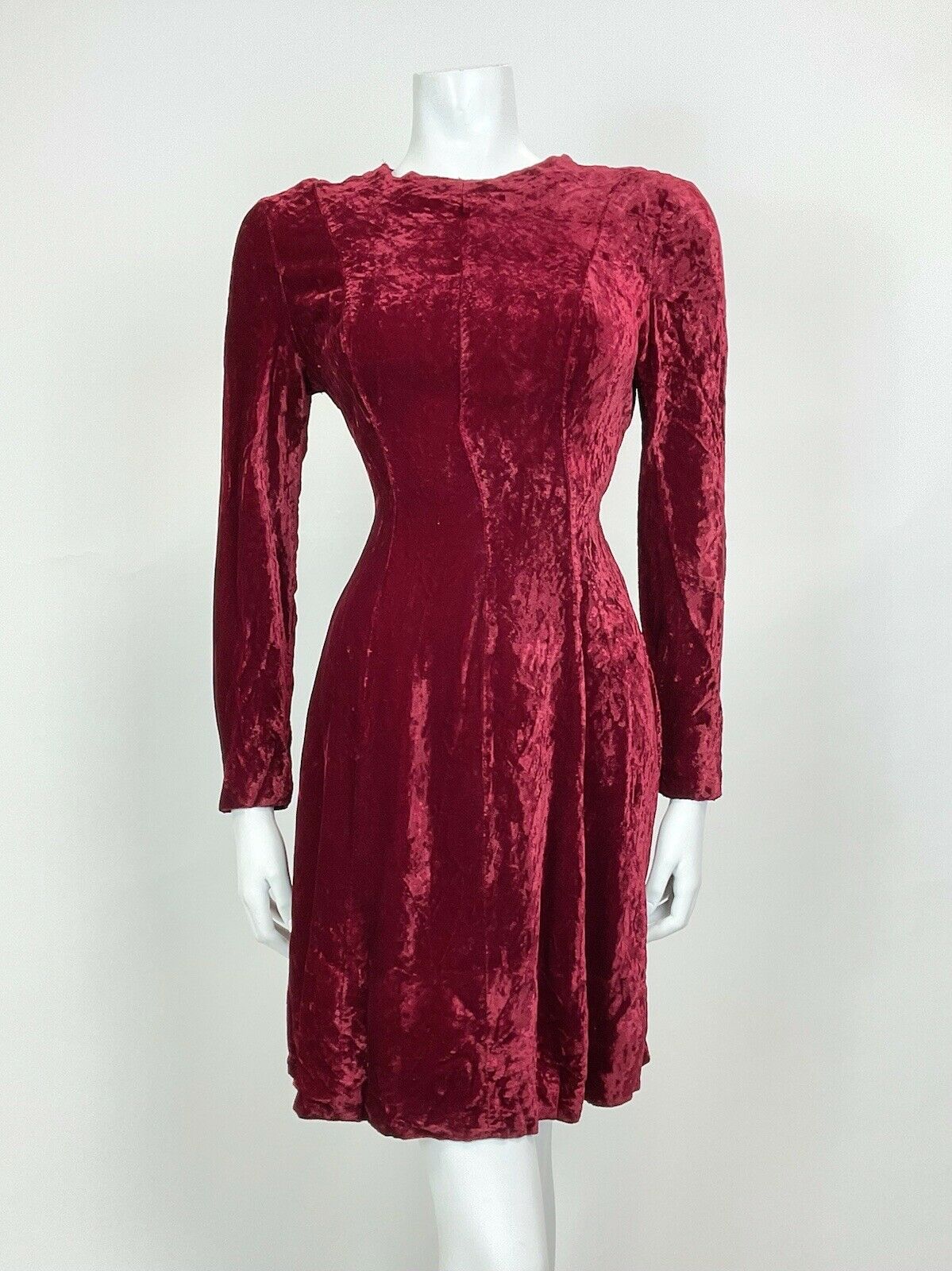 VINTAGE 60s 70s 80s RUBY RED VELVET PARTY LONGSLEEVE SWING DRESS 10 12