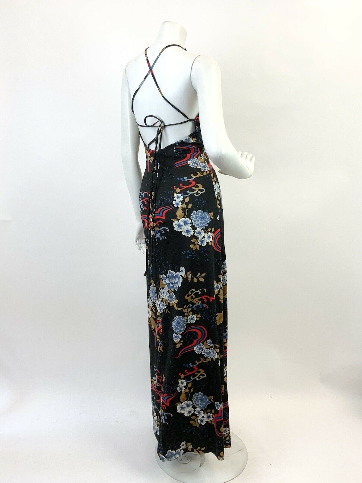 VTG 60s 70s BLACK BLUE RED CREAM FLORAL SWIRL SPAGHETTI SUMMER MAXI DRESS 10 12