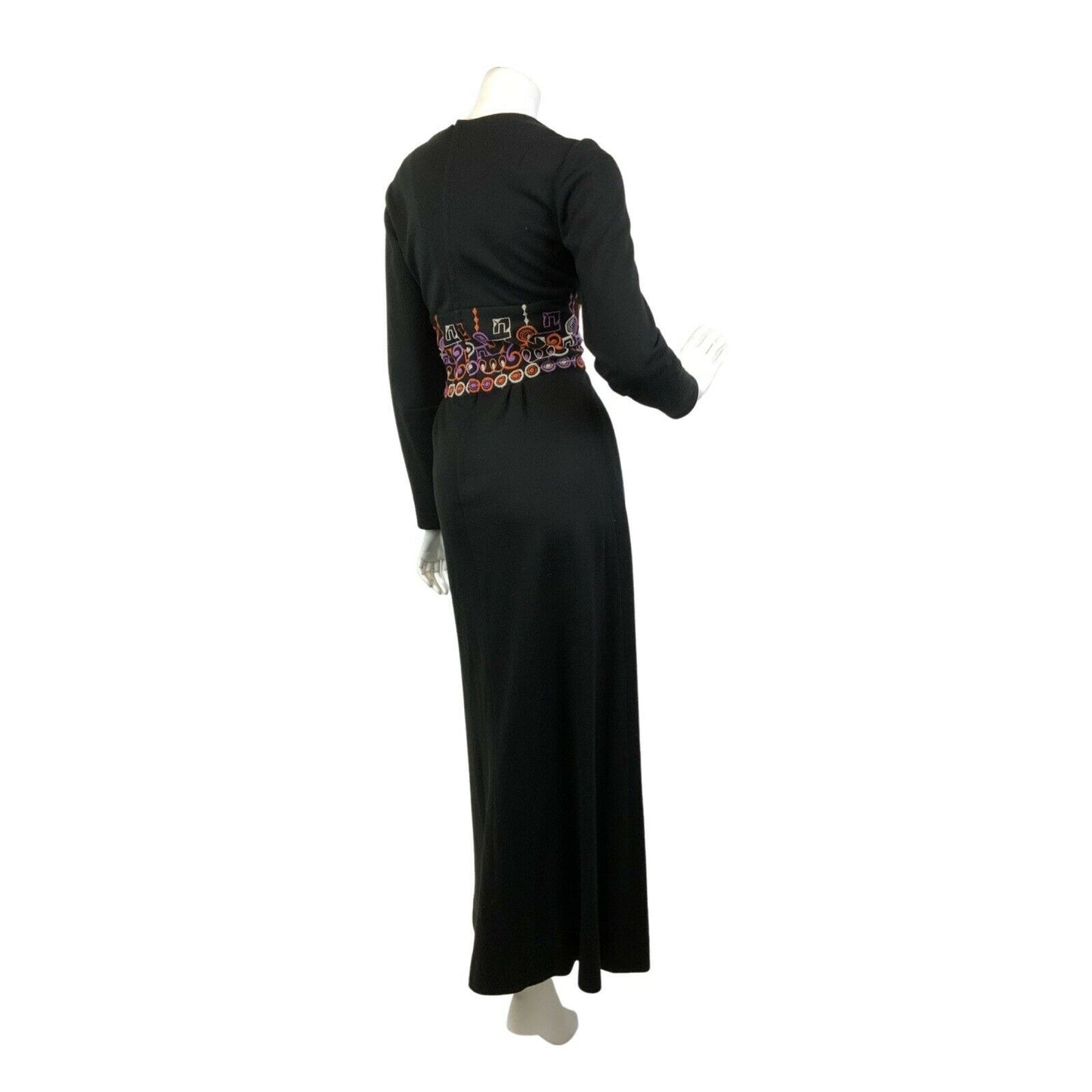 VTG 60s 70s BLACK ORANGE PURPLE GEOMETRIC EMBROIDERED BOHO MOD MAXI DRESS 10