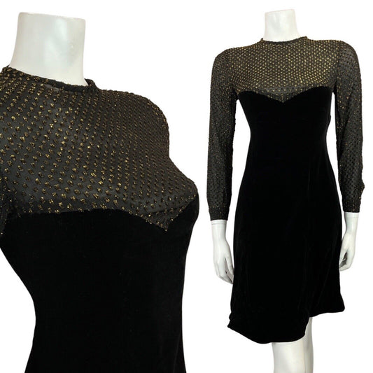 VINTAGE 60s 70s BLACK GOLD POLKA-DOT SHEER VELVET PARTY SHORT DRESS 8