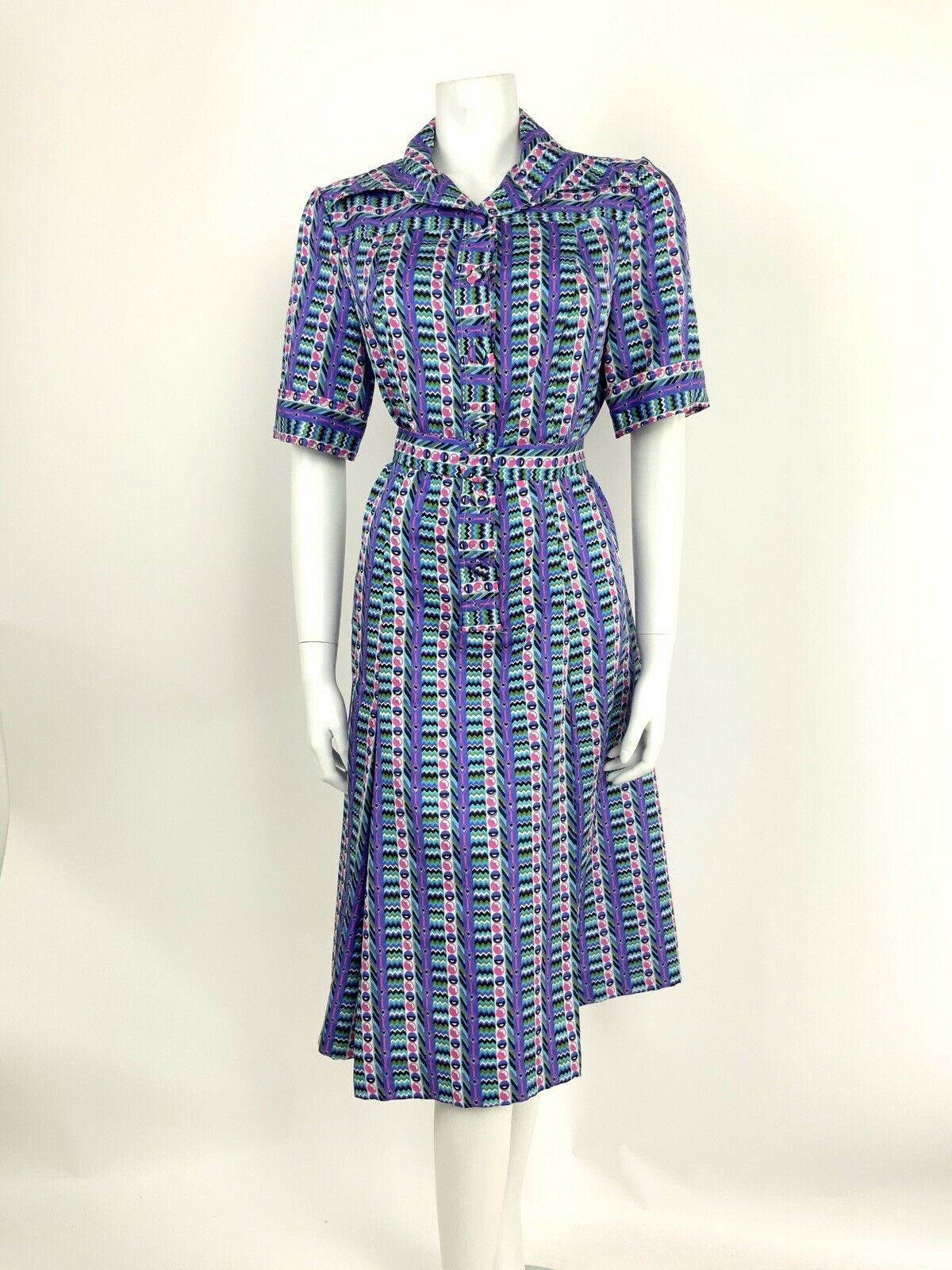 VTG 70s PURPLE PINK TEAL BLACK WHITE CHEVRON GEOMETRIC SHIRT DRESS 12 14 16