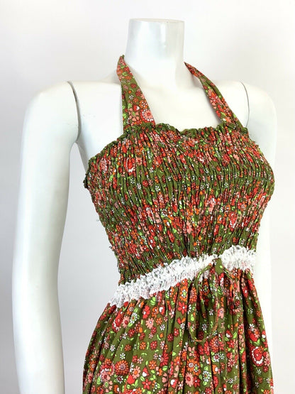 VINTAGE 60s 70s GREEN RED PINK WHITE FLORAL DISTY LACE MOD MINI HALTER DRESS 10