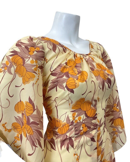 VTG 70s YELLOW ORANGE BROWN FLORAL ANGEL SLEEVE BOHO PRAIRIE MAXI DRESS 10 12