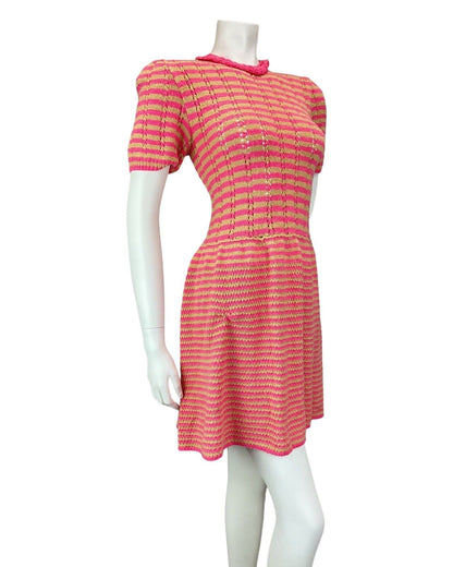 VINTAGE 60s PINK BEIGE STRIPED KNITTED CROCHETED MOD SUMMER SHORT DRESS 10