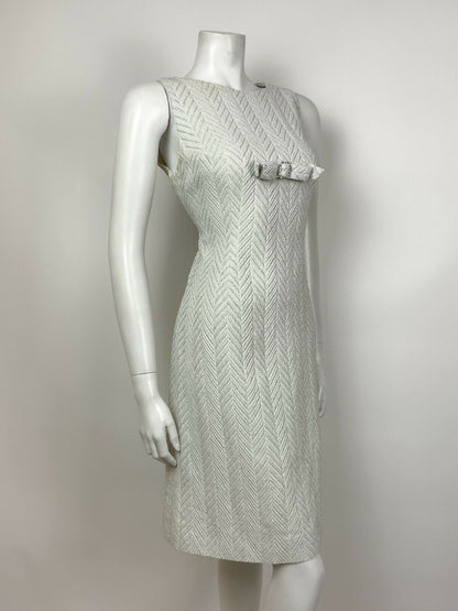 VTG 60s 70s WHITE SILVER LUREX CHEVRON DIAMANTE BOW COCKTAIL PARTY DRESS 10 12