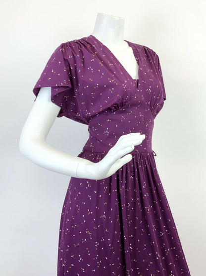 VINTAGE 60s 70s PLUM PURPLE BLUE GREEN SPECKLED FLUTTER SLEEVE MAXI DRESS 8 10