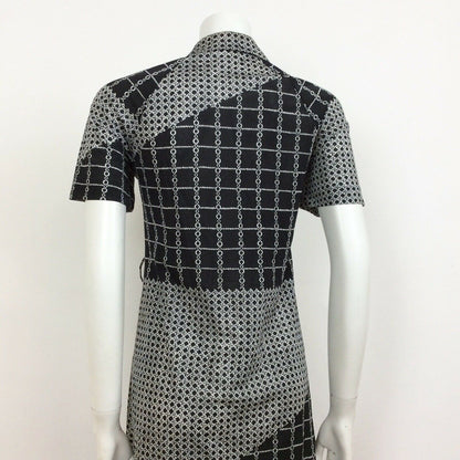 70S VINTAGE BLACK WHITE CHAIN LINK CHECK PATTERN MIDI DRESS 12