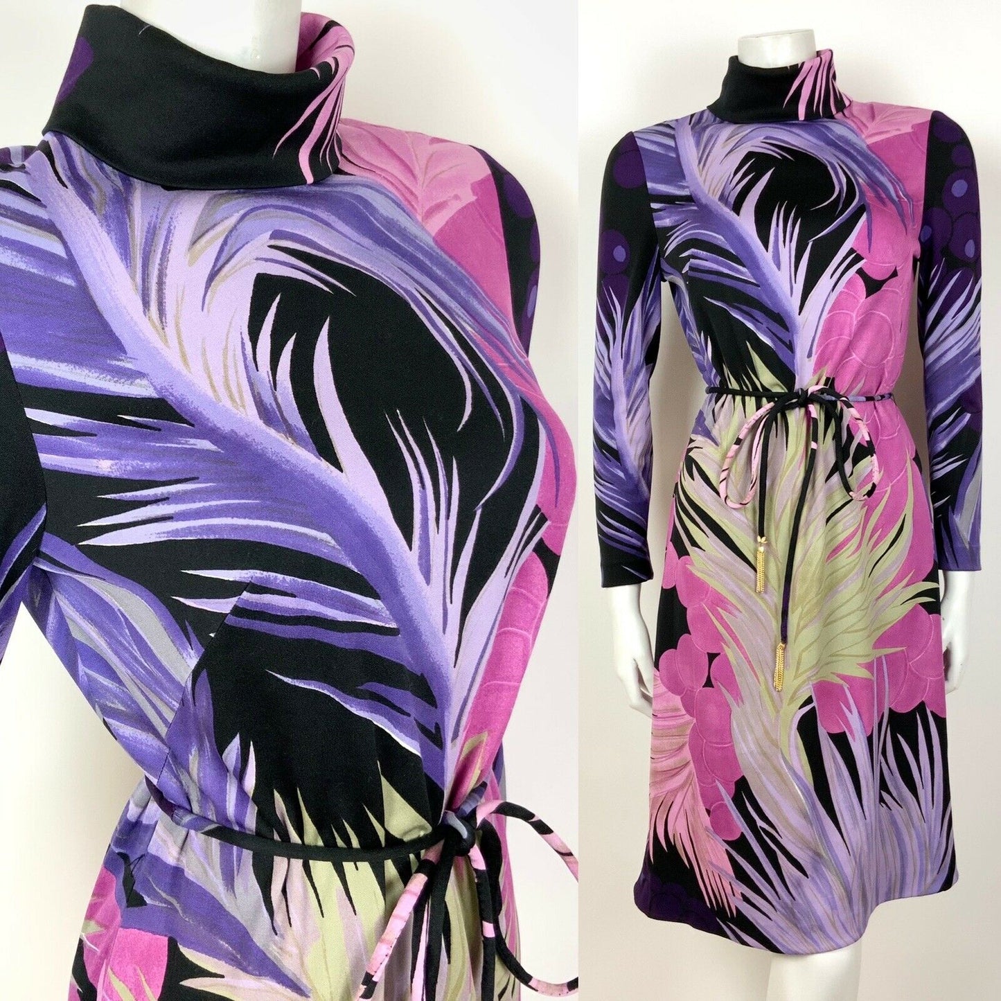 VTG 60s 70s PURPLE PINK BLACK GOLD FLORAL FEATHER TURTLENECK BELTED DRESS 10 12