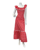 VINTAGE 60s 70s RED WHITE FLORAL CROCHETED PRAIRIE BOHO BARDOT MAXI DRESS 8 10