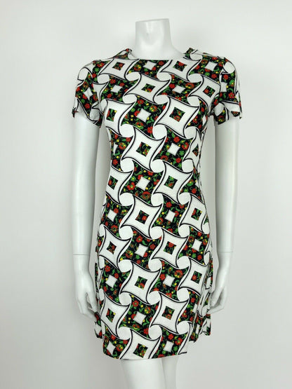 VTG 60s 70s WHITE RED GREEN BLUE ABSTRACT FLORAL SUMMER SHIFT DRESS 8 10