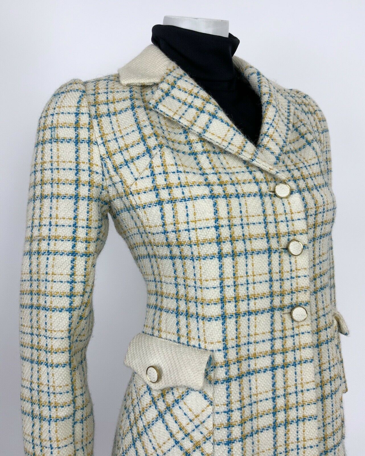 VTG 60s 70s MOD CREAM BLUE YELLOW GOLD PLAID CHECKED WOOL JACKET COAT 10