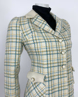 VTG 60s 70s MOD CREAM BLUE YELLOW GOLD PLAID CHECKED WOOL JACKET COAT 10