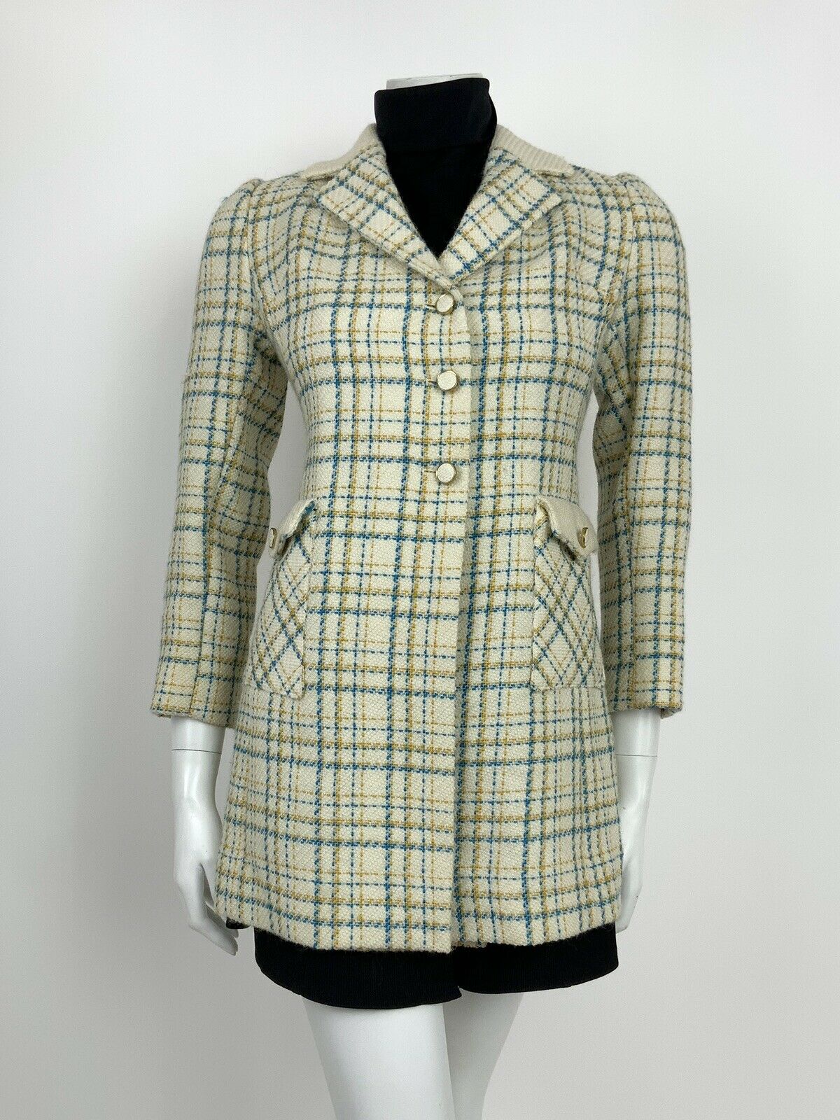 VTG 60s 70s MOD CREAM BLUE YELLOW GOLD PLAID CHECKED WOOL JACKET COAT 10