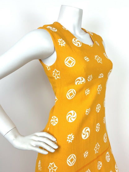 VINTAGE 60s 70s YELLOW ORANGE WHITE ABSTRACT STAR CIRCLE PINWHEEL MAXI DRESS 8