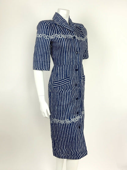 VINTAGE 60s 70s NAVY BLUE WHITE ROPE KNOT SHIRT WAIST DRESS 8 10