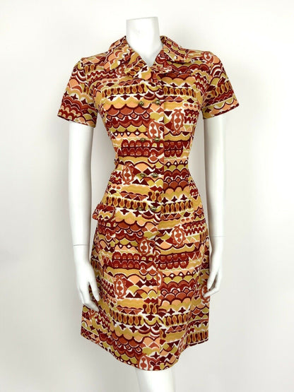 VINTAGE 60s 70s RED ORANGE YELLOW WHITE GOLD ABSTRACT PSYCHEDELIC SHIRT DRESS 12