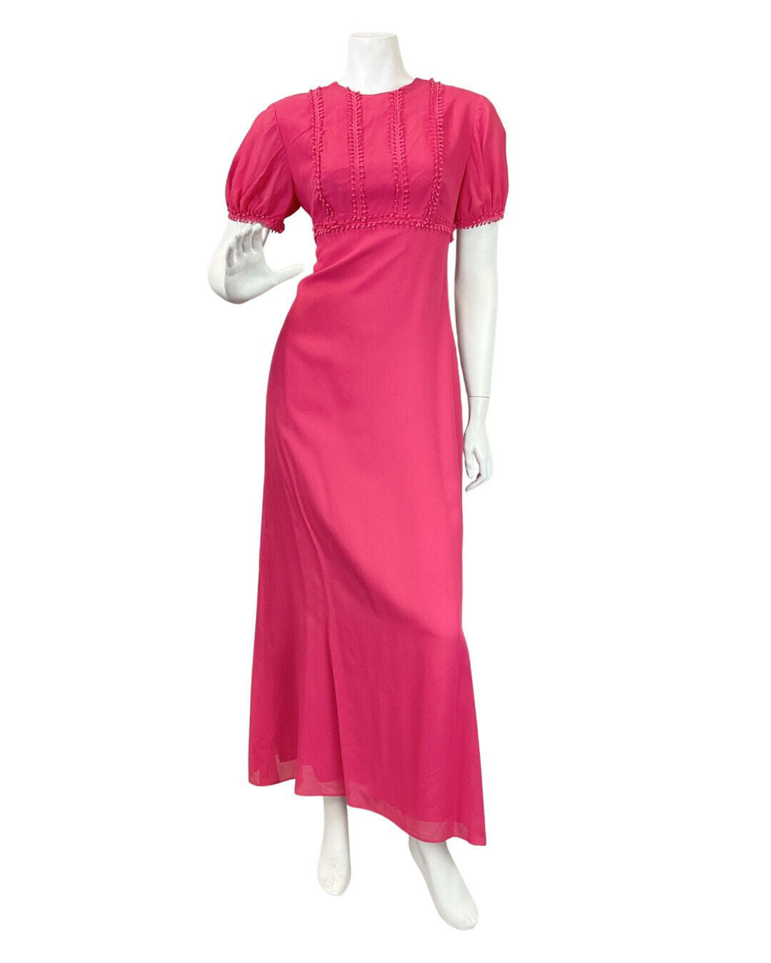 VINTAGE 60s 70s FUCHSIA PINK POM-POM MOD PUFF SLEEVE MAXI DRESS 12