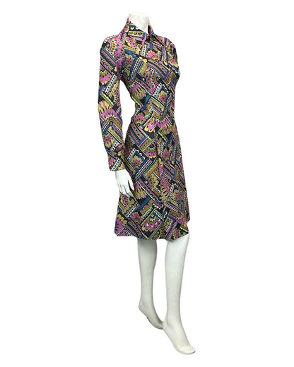 VINTAGE 60s 70s BLACK PURPLE BLUE GREEN PSYCHEDELIC MOD MIDI DRESS 8 10