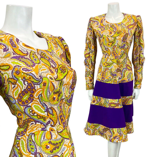 VTG 60S 70S WHITE ORANGE PURPLE GREEN PSYCHEDELIC PAISLEY PRINT MIDI DRESS 8 10