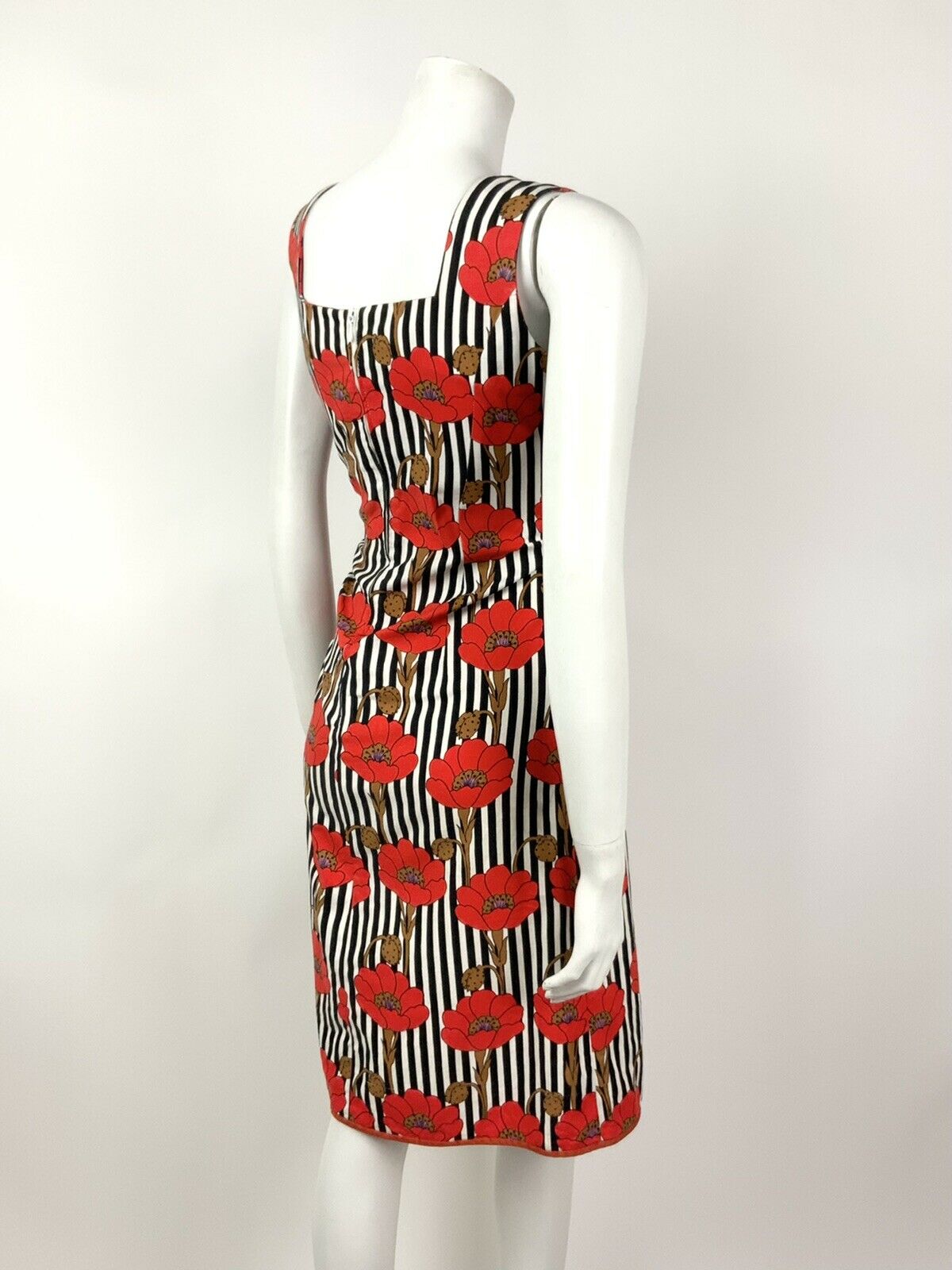 VINTAGE 60s 70s BLACK WHITE RED STRIPED FLORAL POPPY SLEEVELESS DRESS 10 12