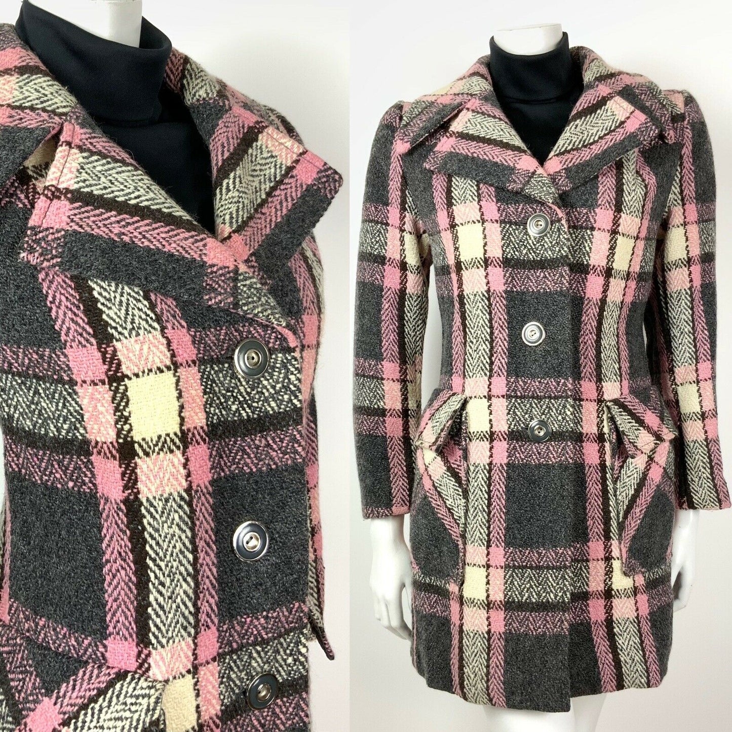 VINTAGE 60s 70s GREY SILVER WHITE BROWN PINK PLAID CHECKED MOD SWING COAT 14 16