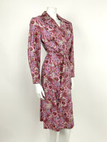 VTG 60s 70s PINK PURPLE GREEN WHITE FLORAL ROSE PSYCHEDELIC SHIRT DRESS 10 12