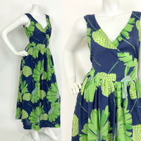 VTG 60s 70s NAVY BLUE LIME GREEN TEAL FLORAL LEAF GEOMETRIC WRAP MAXI DRESS 8