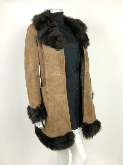 VINTAGE 60s 70s BROWN CAMEL SUEDE LEATHER FUR TRIM PENNY LANE COAT 10 12 14