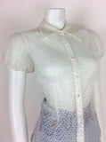 VINTAGE 60s 70s WHITE SHEER LACE MOD POINTED COLLAR SHIRT BLOUSE 12 14