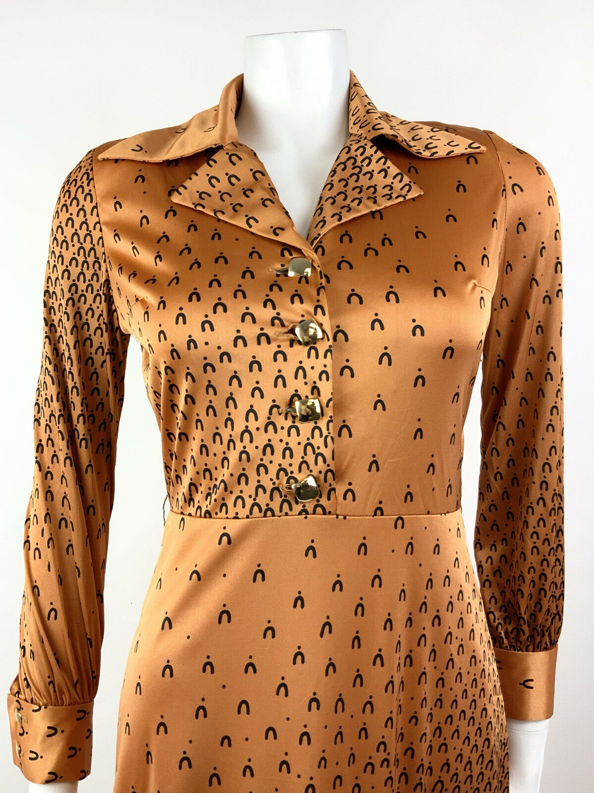 VINTAGE 60s 70s ORANGE BRONZE BLACK GEOMETRIC MOD DAGGER SHIRT DRESS 8 10