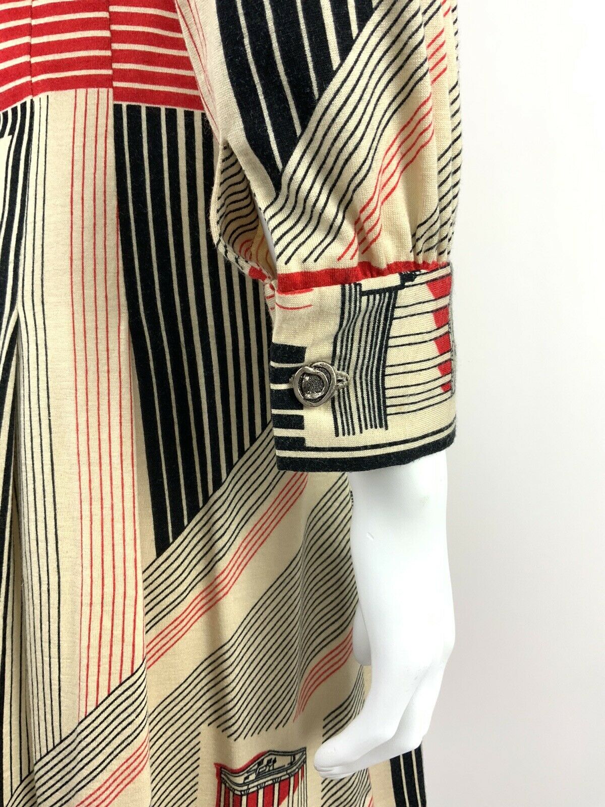 VTG 60s 70s CREAM BLACK RED STRIPED PANTHEON ROMAN PARISIAN SHIRT DRESS 8