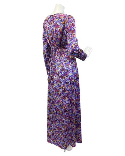 VINTAGE 60s 70s PURPLE PINK YELLOW DITSY FLOWER PSYCHEDELIC MAXI DRESS 10 12