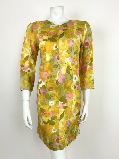 VINTAGE 60s 70s PSYCHEDELIC YELLOW GREEN PINK WHITE FLORAL SHIFT DRESS 12 14