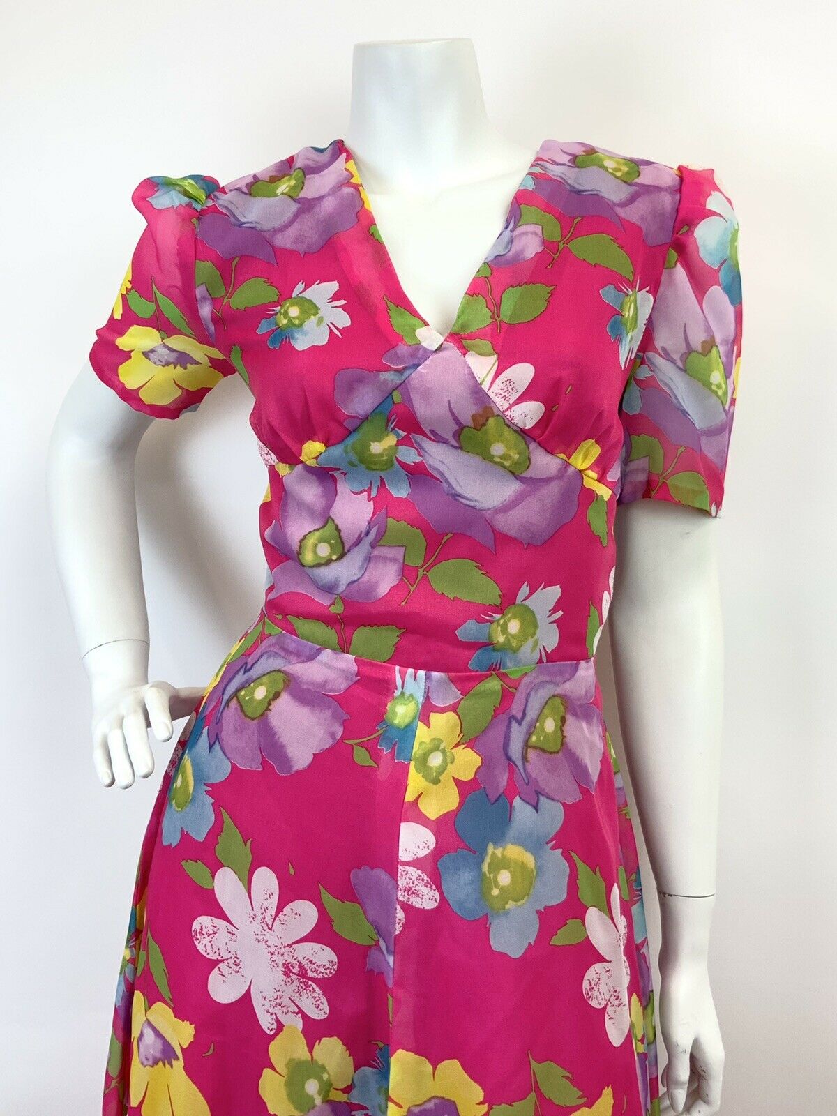 VINTAGE 60s 70s BRIGHT PINK BLUE PURPLE GREEN FLORAL SHEER FLOATY MAXI DRESS 8