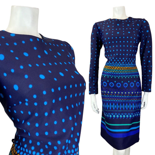 VINTAGE 60s 70s BLUE YELLOW DOTTY GEOMETRIC STRIPED LONGSLEEVE MIDI MOD DRESS 14