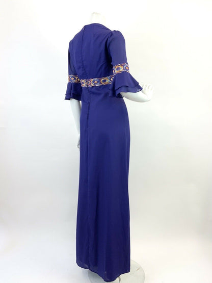 VTG 60s 70s PURPLE ORANGE BLUE EMBROIDERED GEOMETRIC MOD EMPIRE MAXI DRESS 10 12