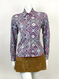 VINTAGE 60s 70s PURPLE WHITE GREEN BLACK GEOMETRIC AZTEC MOD DAGGER SHIRT 14 16