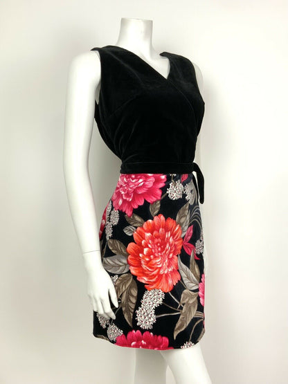 VINTAGE 60s 70s BLACK PINK RED GREY FLORAL VELVET PARTY SHORT DRESS 12 14