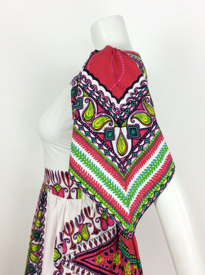 VTG 70S WHITE PINK GREEN COTTON KAFTAN DASHIKI FESTIVAL CAPE SLEEVE DRESS 6