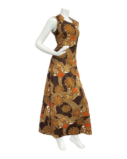 VTG 60s 70s BROWN ORANGE EIGE PSYCHEDELIC FLORAL MOD SLEEVELESS MAXI DRESS 10 12