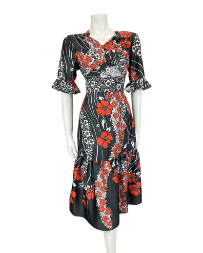 VINTAGE 60s 70s BLACK WHITE RED PSYCHEDELIC FLORAL RUFFLED SWING DRESS 10