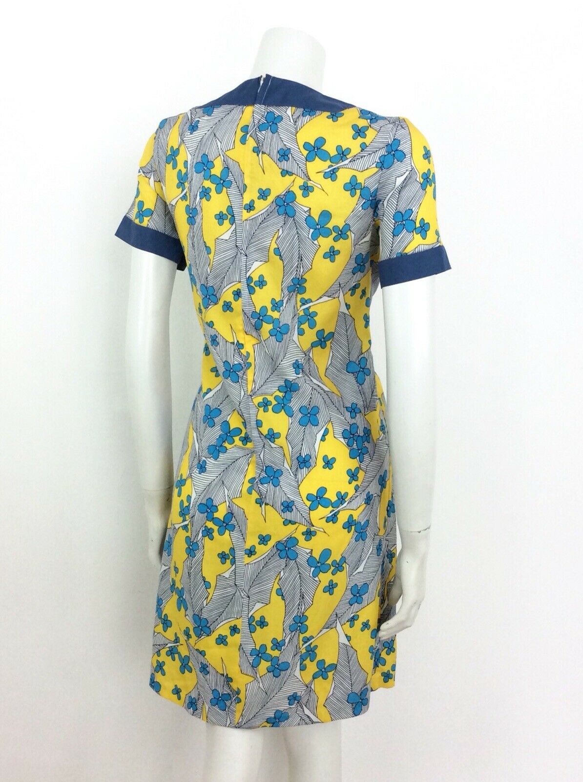 60s 70s VINTAGE YELLOW BLUE WHITE FLORAL TUNIC DRESS 10 12 14