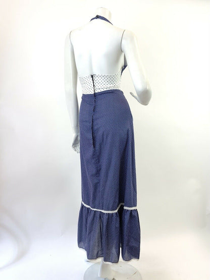 VINTAGE 60s 70s BLUE WHITE POLKA-DOT MOD HALTER RUFFLED MAXI DRESS 8