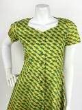 VTG 60s 70s GREEN YELLOW BLUE GEOMETRIC OP-ART SWEETHEART A-LINE MINI DRESS 6