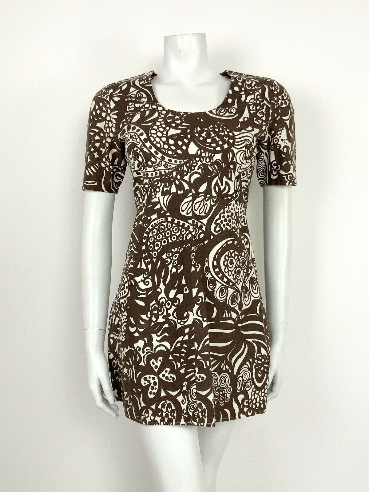 VTG 60s 70s WHITE BROWN PSYCHEDELIC FLORAL PAISLEY HANDPRINTED MINI DRESS 10