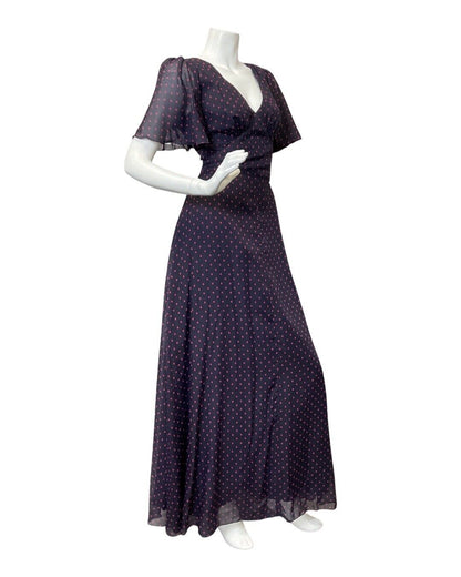 VINTAGE 60s 70s NAVY BLUE PINK SQUARE POLKA-DOT SHEER GOWN MAXI DRESS 10 12