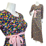 VINTAGE 60s 70s BLUE PINK YELLOW DAISY FLOWER EMPIRE MOD MAXI DRESS 8 10