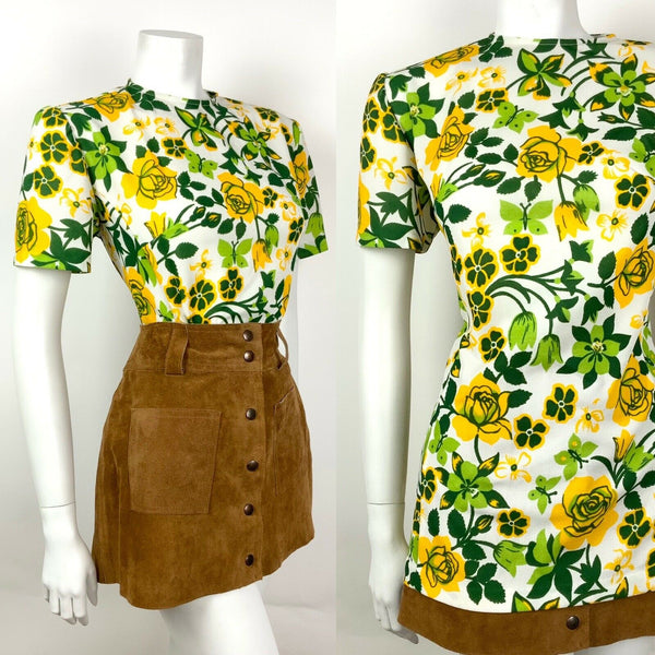 VINTAGE 60s 70s WHITE GREEN LIME YELLOW FLORAL ROSE TSHIRT TOP 12 14