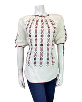 VINTAGE 70s WHITE WINE RED CROSS-STITCH EMBROIDERED BOHO FOLK BLOUSE 10 12