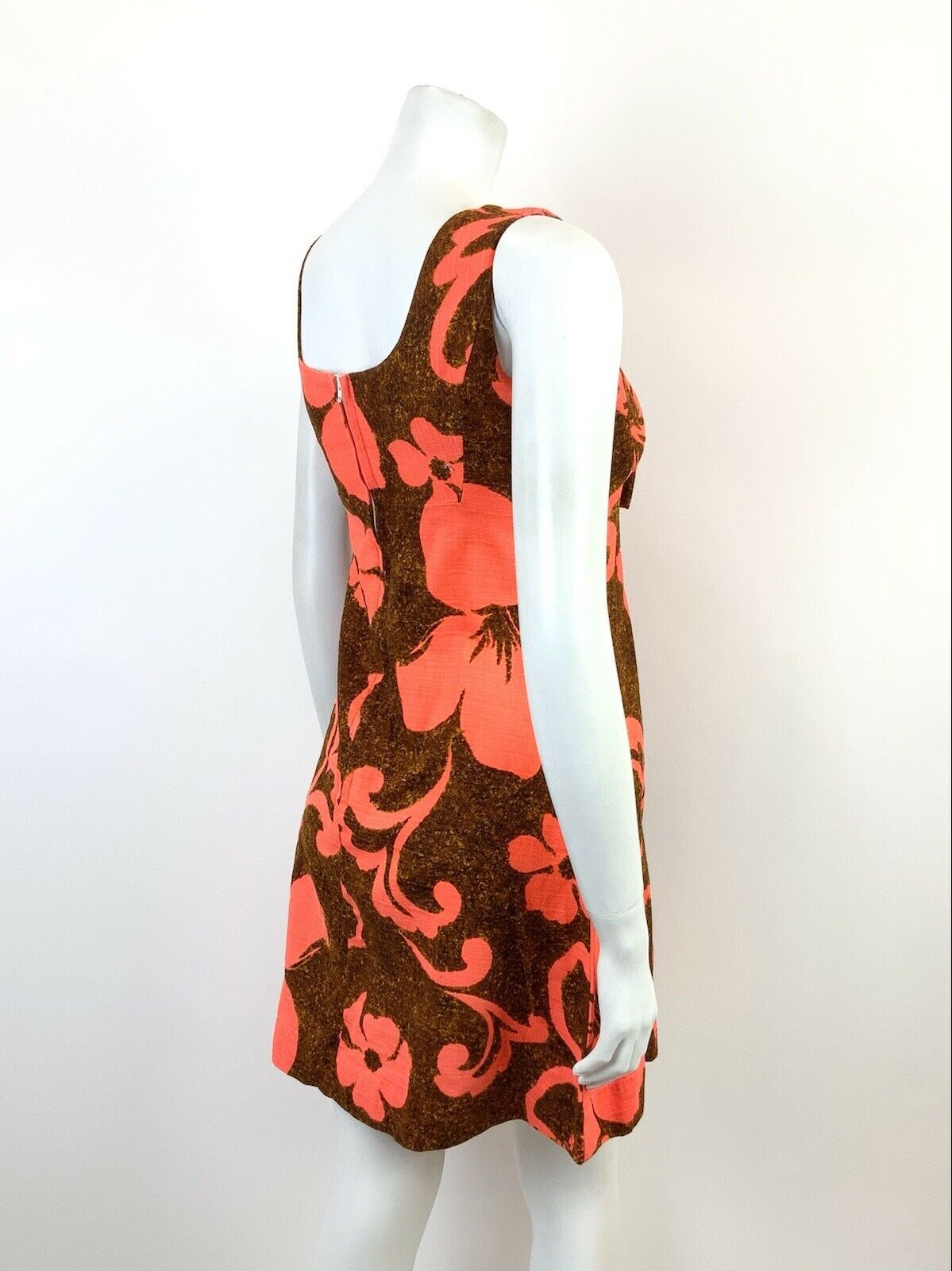 VINTAGE 60s 70s BROWN ORANGE FLORAL HAWAIIAN EMPIRE MOD SLEEVELESS DRESS 6 8